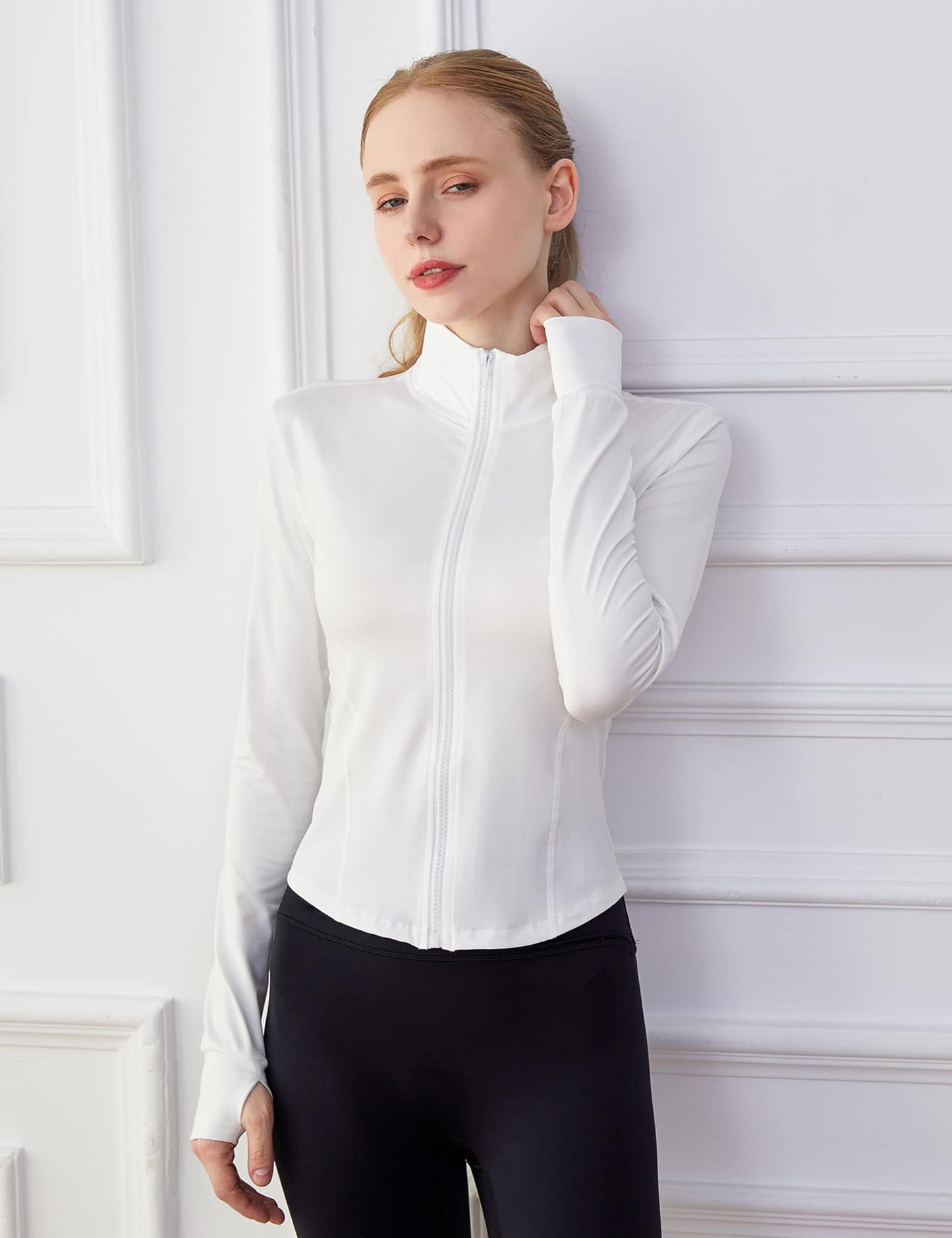 Lviefent Womens Lightweight Full Zip Running Track Jacket Workout Slim Fit Yoga Sportwear with Thumb Holes (White, X-Large)