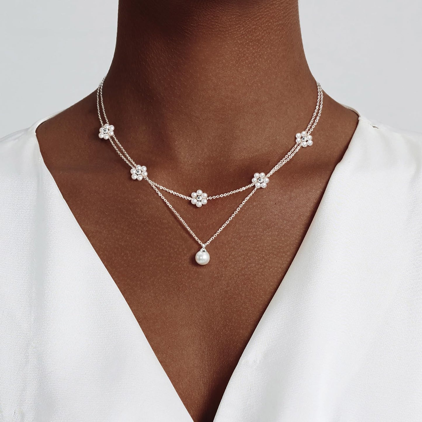 OGD Layered Silver Pearl Necklaces 925 Silver Plated Dainty Layered Single Simple Pearl Choker Chain Cute Daisy Pearls Choker Necklace Set Flower Necklaces for Women Trendy Jewelry Gifts