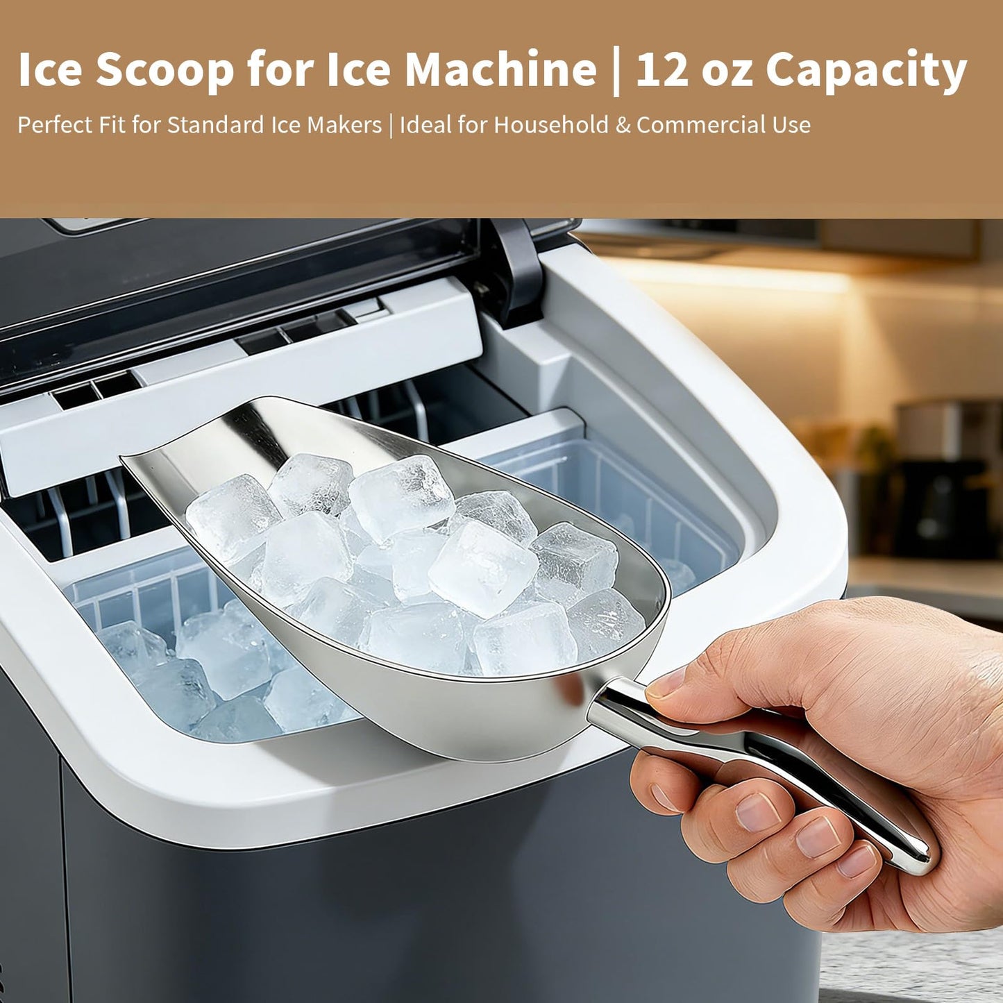 12 Oz 304 Stainless Steel Ice Scoop for Freezer & Ice Machine 2 Pack– Heavy Duty Metal Scooper, Dishwasher Safe, Multi-Purpose for Kitchen, Bar, Party, Wedding (Ice,Dry Goods) (Polished silver)
