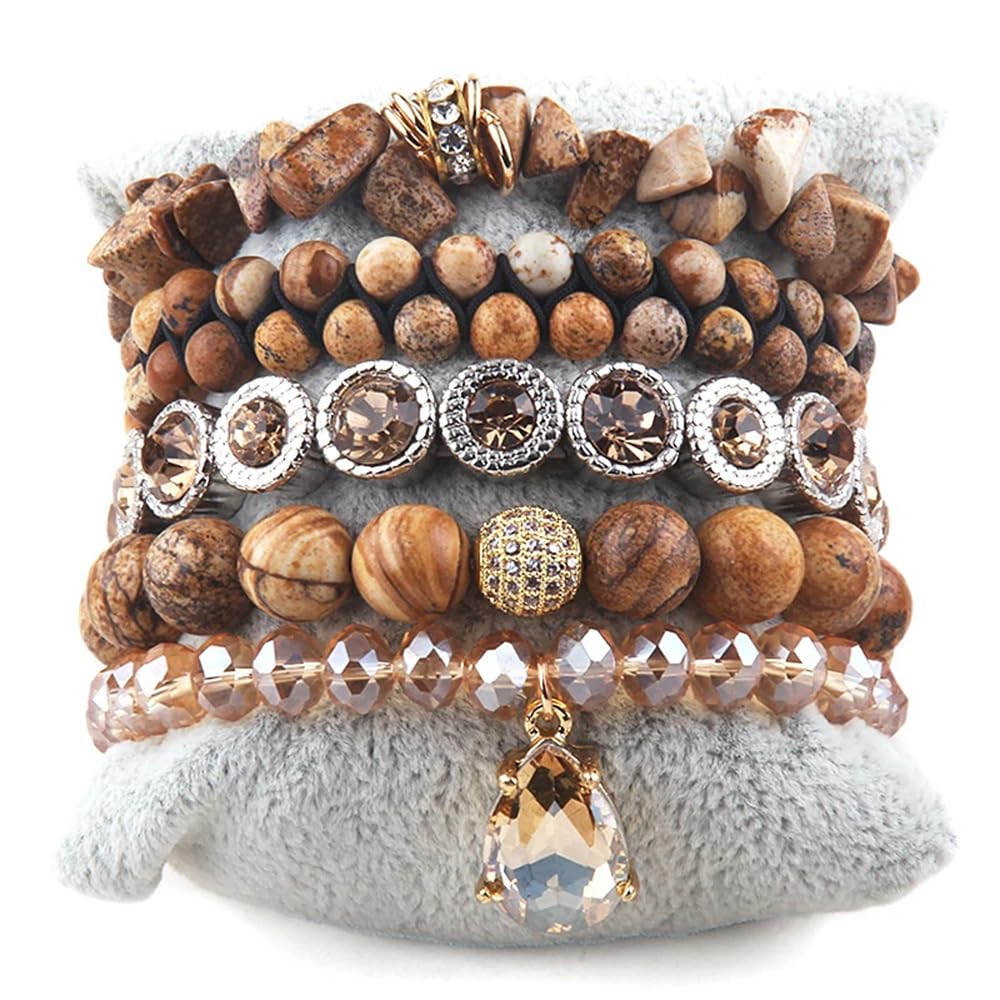 Yomisa Boho Beaded Bracelets for Women,Multilayer Wrap 5PCS Healing Natural Jasper Stone Bead Bracelets Handmade Stackable Friendship Stretchy Beaded Bracelet Set Trendy Bohemian Jewelry Gift Women