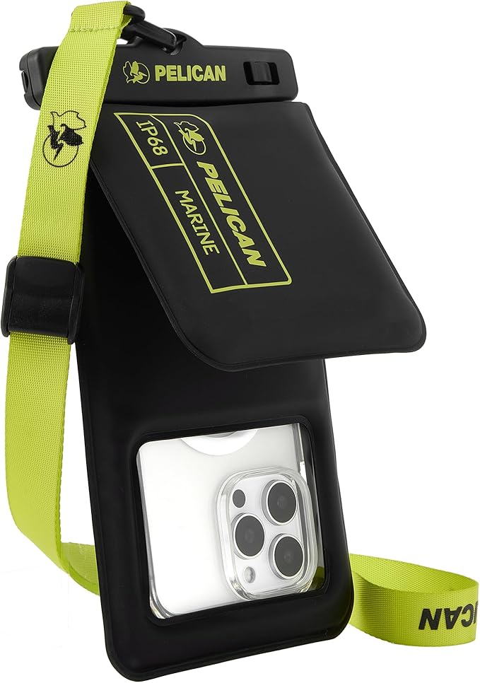 Pelican Marine - IP68 Waterproof Phone Pouch w/Storage Pocket (Large) - Floating Waterproof Phone Case - Beach Cruise Travel Essentials - Fits All Phones - Detachable Lanyard - Black/Hi-Vis Yellow