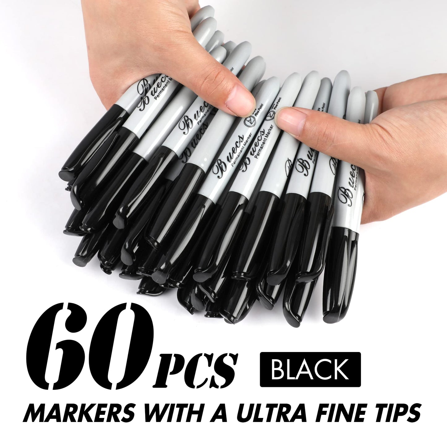 Buecs Permanent Markers, 60 Count Ultra Fine Point Black Permanent Markers, Works on paper, Plastic, Stone, Glass, Metal