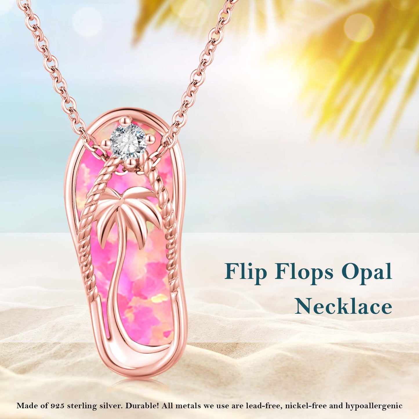 Midir&Etain Pink Opal Flip Flop Necklace 925 Sterling Silver Rose Gold Plated Palm Tree Pendant Beach Necklace Flip Flop Opal Jewelry for Women