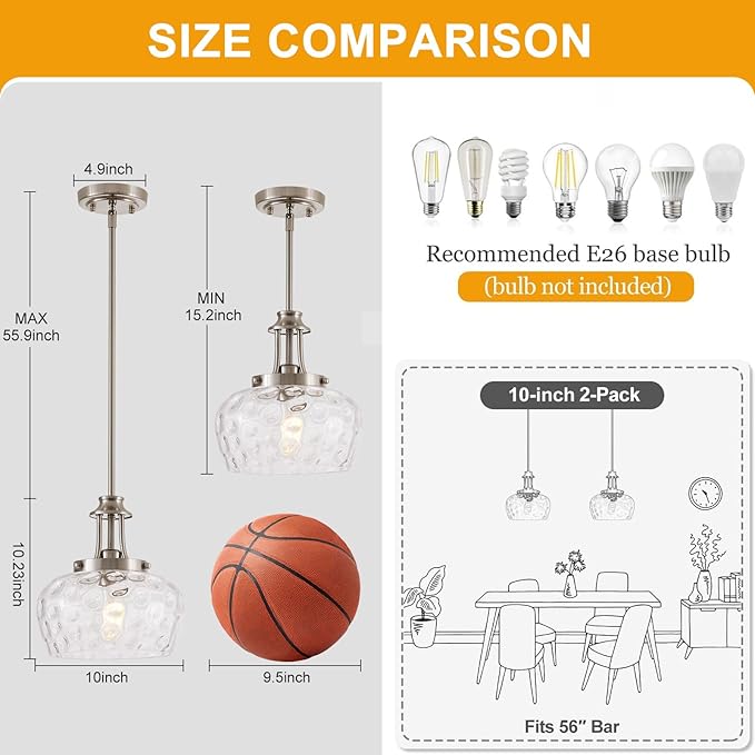 Modern Pendant Lights Kitchen Island, Brushed Nickel Pendant Light Fixtures with 10" Clear Hammered Glass Shade, Industrial Hanging Pendant Lights Fixture for Kitchen Island Dining Room Bedroom Foyer