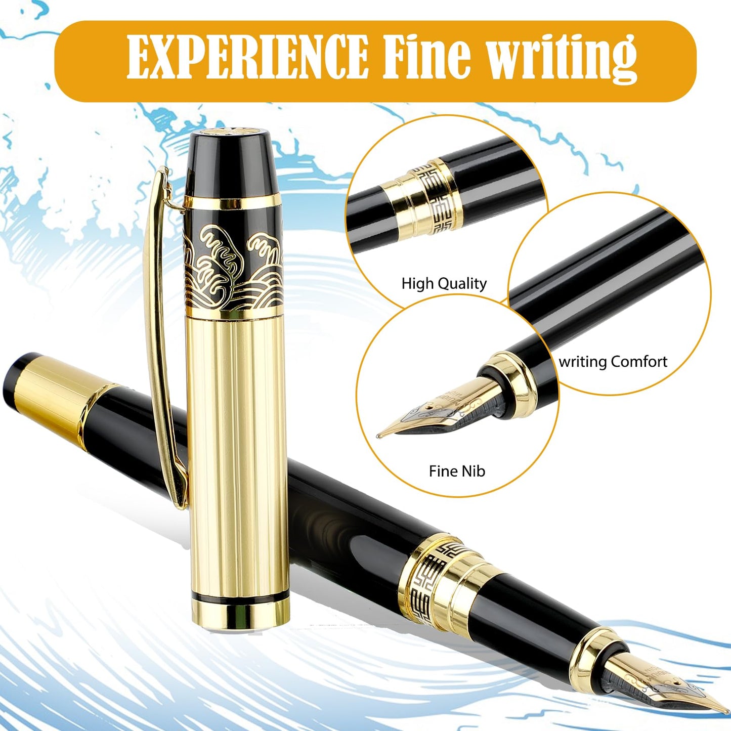 Andibro Metal Fountain Pens, With 10 Black Ink 2.6mm Cartridges, 0.5mm Luxury Fine Point Fountain Pen Business Pen Smooth Writing Stainless Steel Pen Calligraphy Pen for Office School Supplies(Blue)