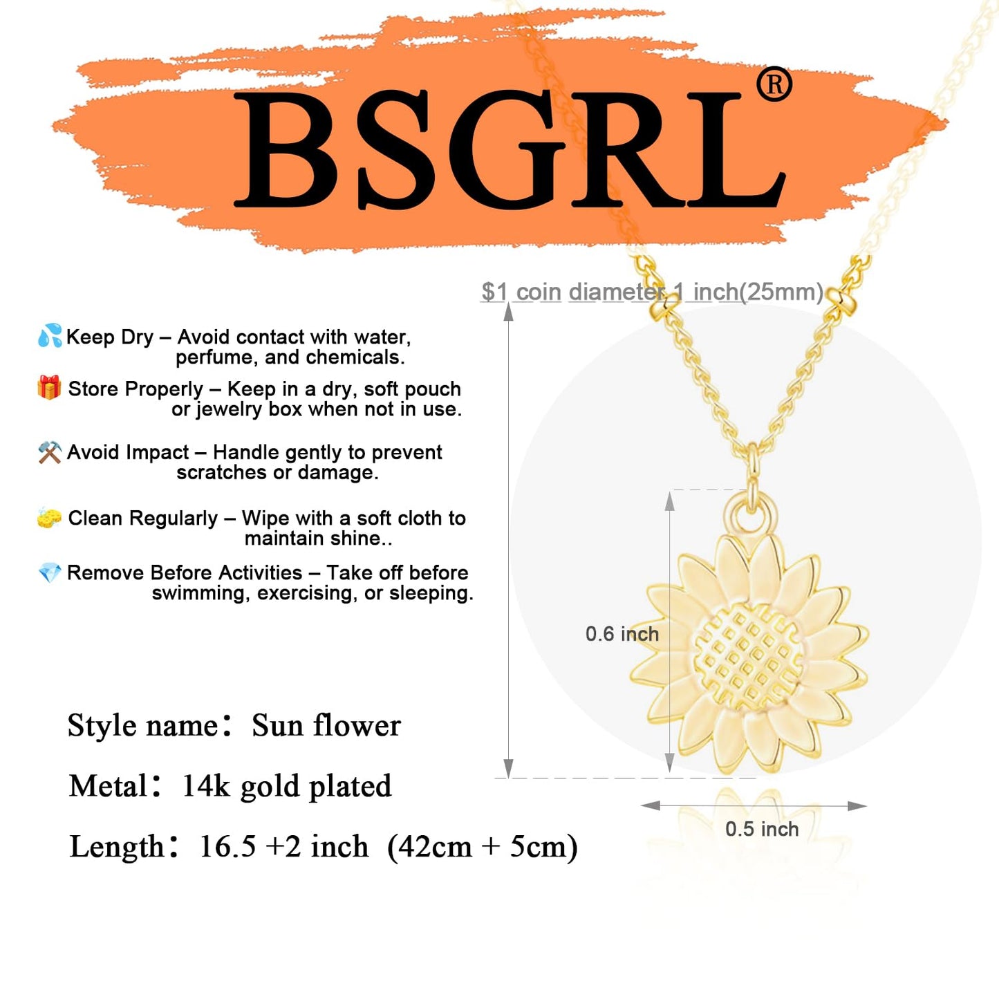 BSGRL Gold Necklace for Women: 14K Gold Plated Dainty Sunflower Necklace 16.5”+2” ext