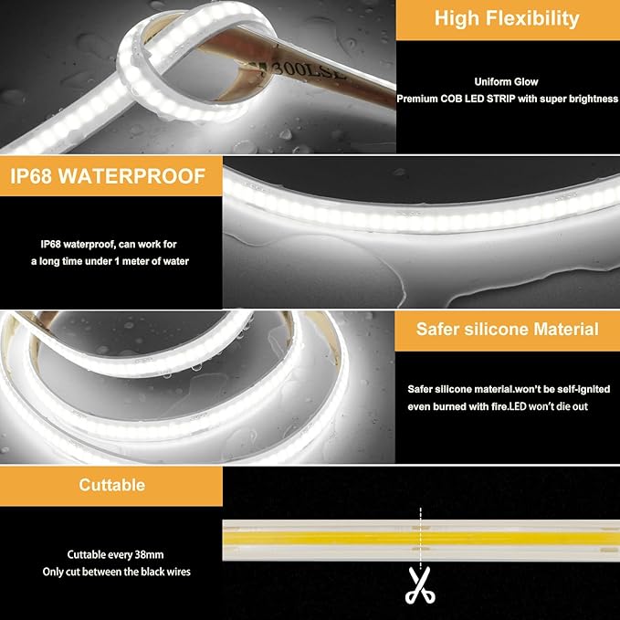 COB LED Strip Lights Waterproof IP68, 6000K Daylight White Outdoor 24V Dimmable Silicone LED Tape Lighting 16.4ft High Density, 3000LM+, 1600LEDs,(Power Supply Not Included)