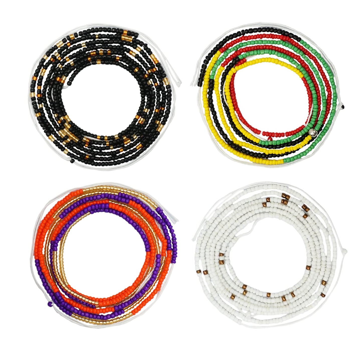 Teniinet 4PCS 50” Handmade African Waist Beads for Women Non-Stretching(Tie-on) Style 3