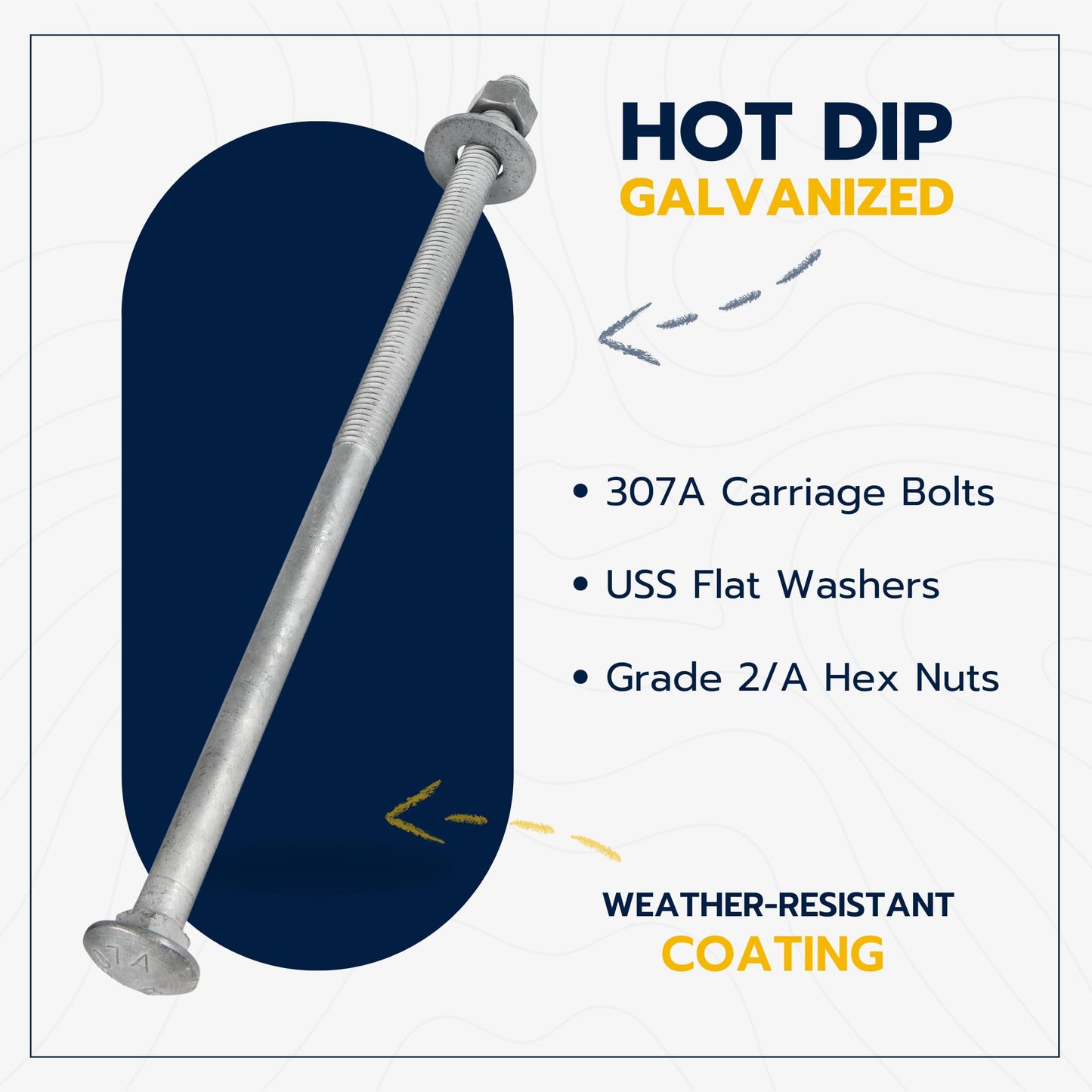 3/8" x 12" (50 Pack) Galvanized Carriage Bolt Kit, Grade 307A, Hot Dip Galvanized for Exterior Use by Makers Bolt