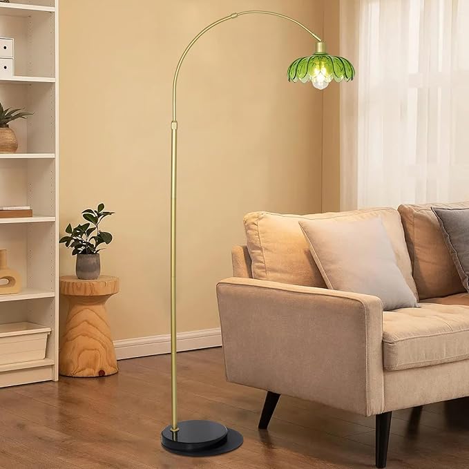 Arc Floor Lamps for Living Room, Gold Floor Lamp with Remote, Glass Standing Lamp for Bedroom, Green Flower Lamp with LED Bulb, Height Adjustable Tall Lamps for Office, Modern Stand Up Lamp Decor