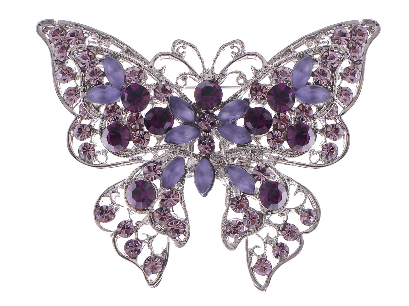ALILANG Silvery Tone Crystal Rhinestone Hollow Out Butterfly Brooch Pin, Purple