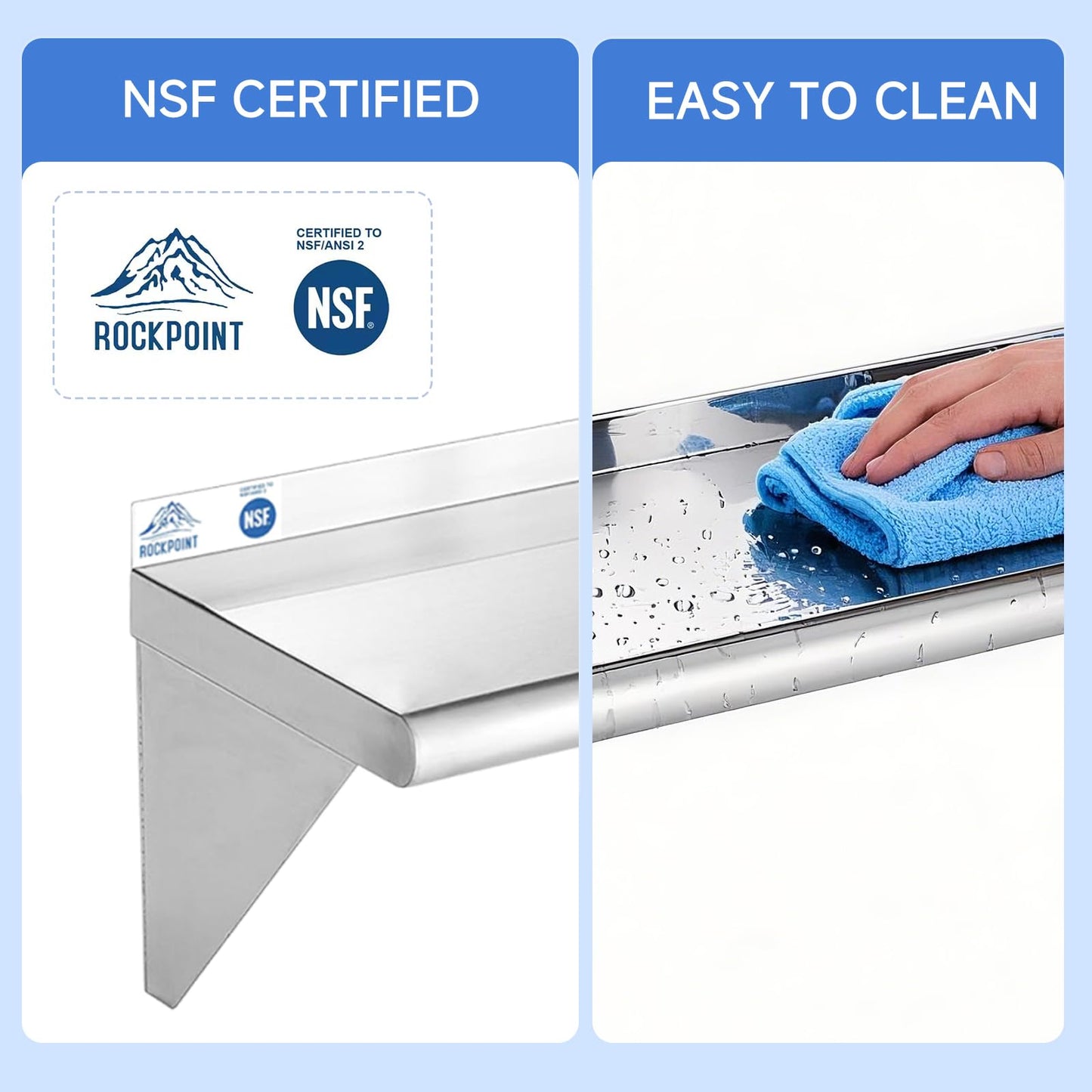 ROCKPOINT Stainless Steel Shelf 10 x 16 Inches 190lb, 2 Pack NSF Metal Commercial Shelves Wall Mount Floating Shelving with Backsplash for Restaurant, Kitchen, Home and Hotel, Silver