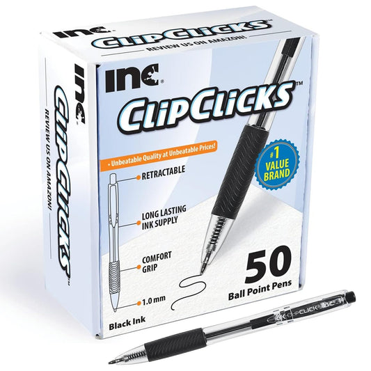 Inc. ClipClicks Retractable Ballpoint Pens - Bulk 1.0-mm Medium-Point Pen Set With Comfort Grip for School, Office, Writing, and Journaling, 50 Count, Black