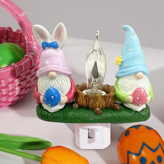 Gnome Campfire Flickering Nightlight, Easter Night Light Plug Into Wall with Switch, Gnomes LED Lamp for Spring Hallway Stair Bedroom Easter Decoration