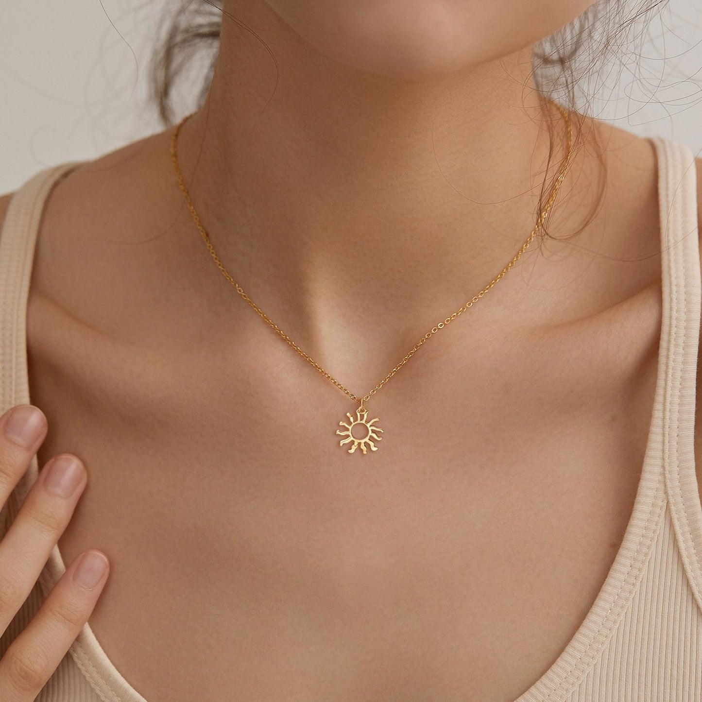 BSGRL Gold Necklace: 14K Gold Plated Dainty Sun Pendant Little Sun Solar Light Necklace for Women 16.5”+2” ext