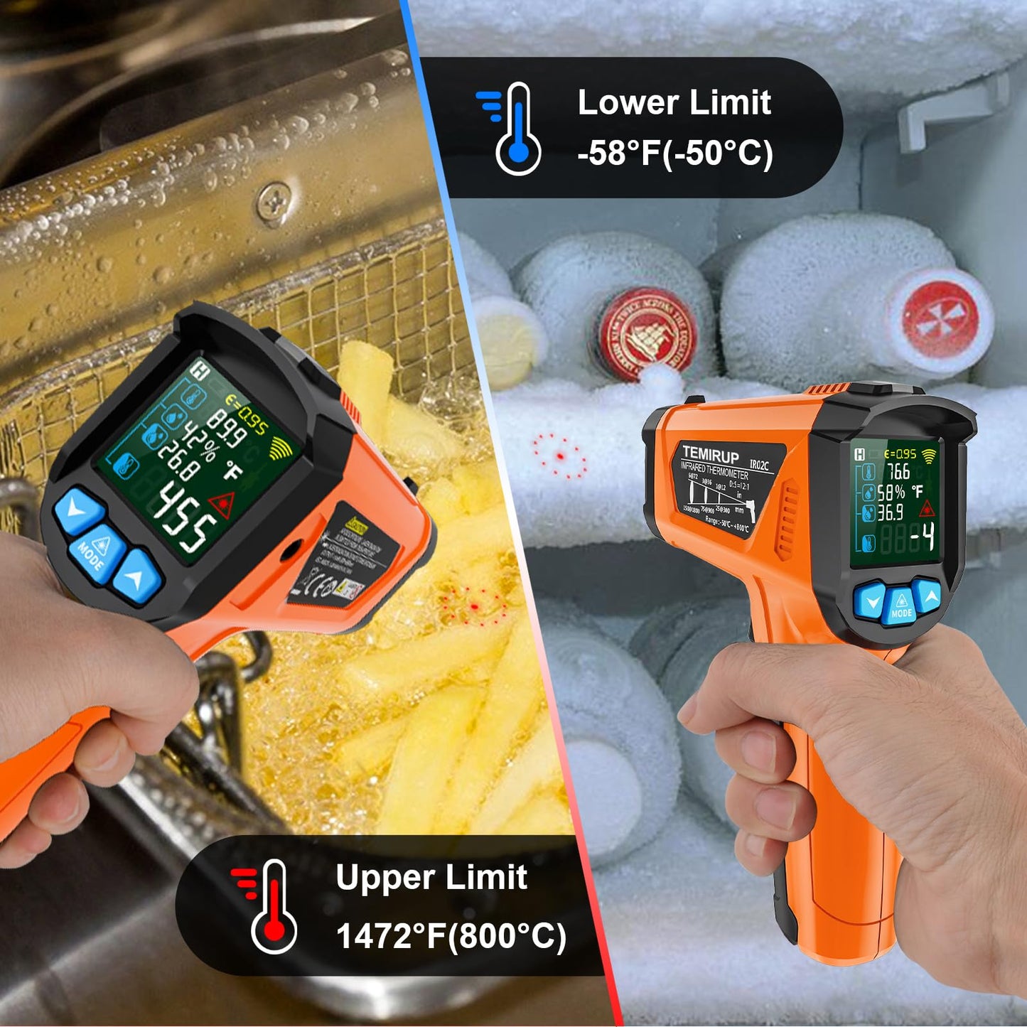 Infrared Thermometer Gun, Non Contact Digital Laser Thermometer Temperature Gun with Color LCD for Cooking, Home Repairs, Humidity Measurement, Adjustable Emissivity -58°F to 1472°F(-50~800°C)