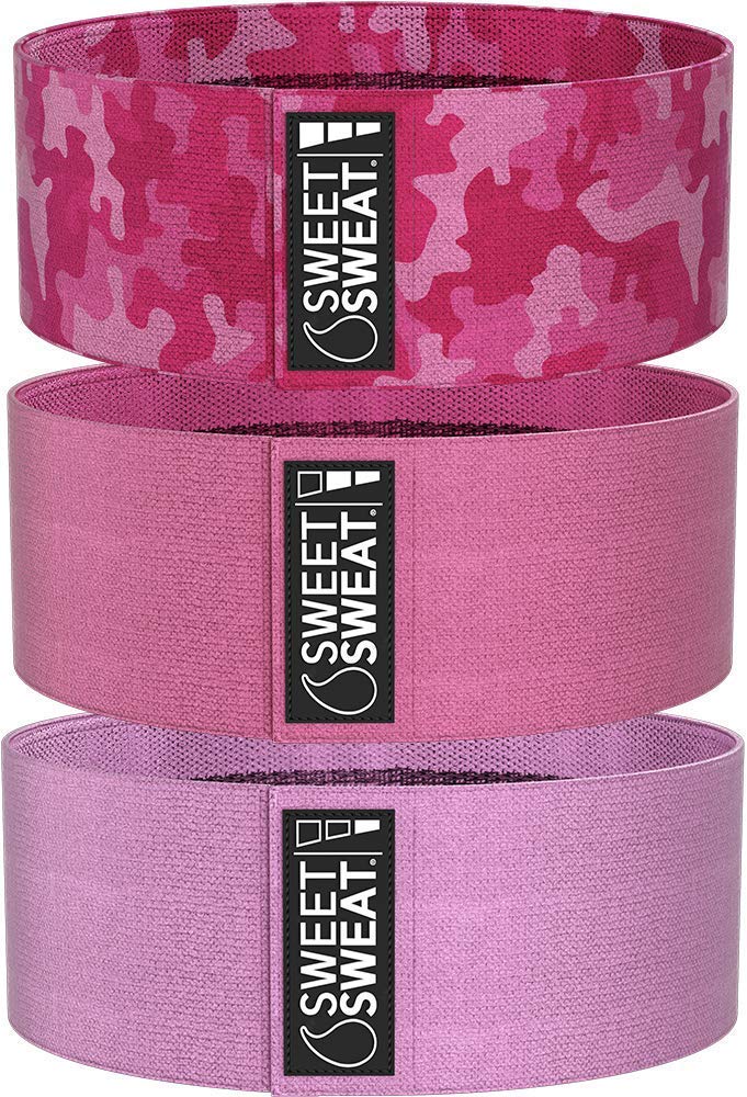 Sweet Sweat Hip Bands with 3 Levels of Resistance | Non-Slip Fabric Booty Bands for Squats & Lunges | Includes Free Mesh Carrying Bag (Pink)