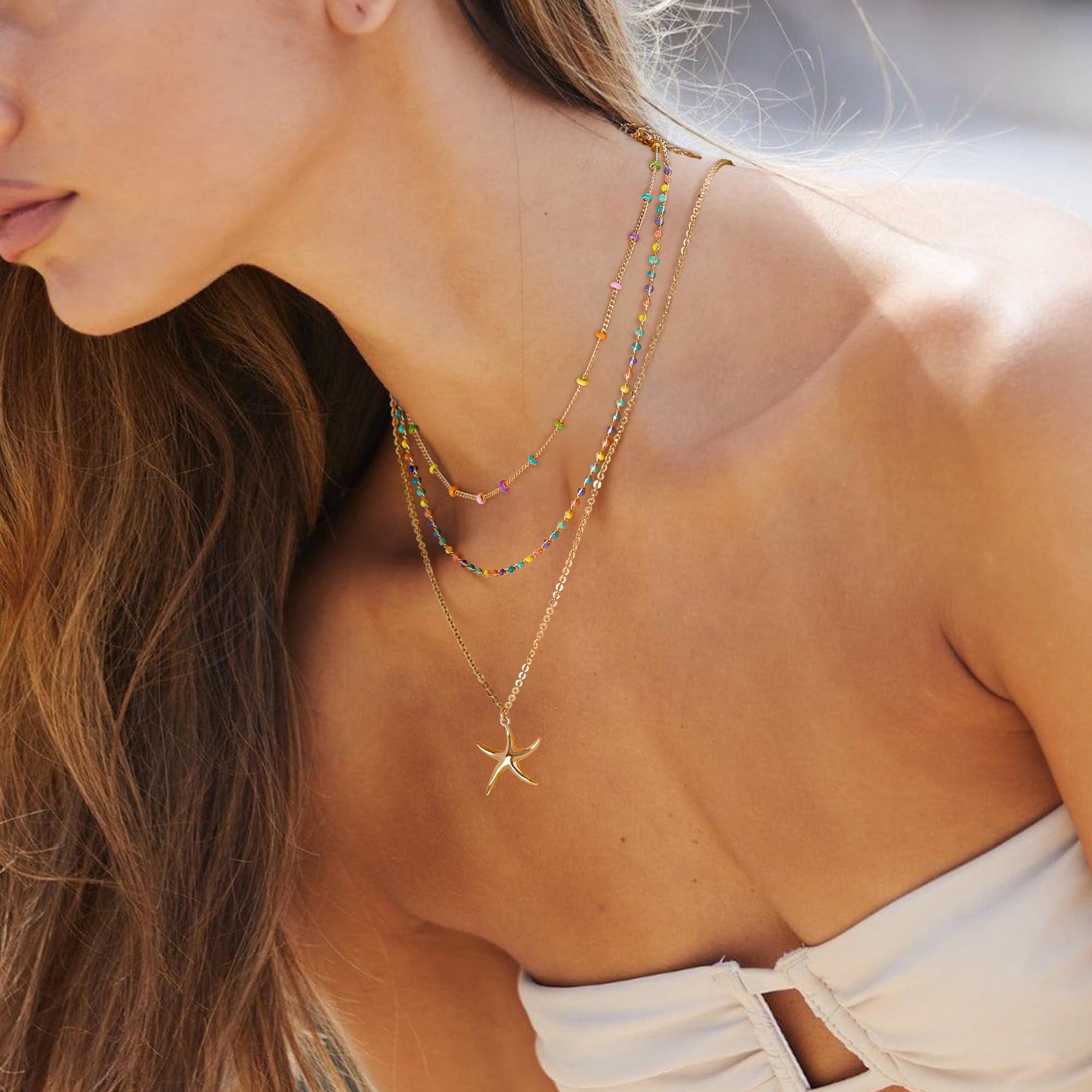 MTMY Beaded Necklaces for Women 14K Gold Plated Dainty Colorful Green/Rose Beaded Pearl Choker Necklace Delicate Boho Choker Necklace Jewelry Gift (Layer-colorful beads)