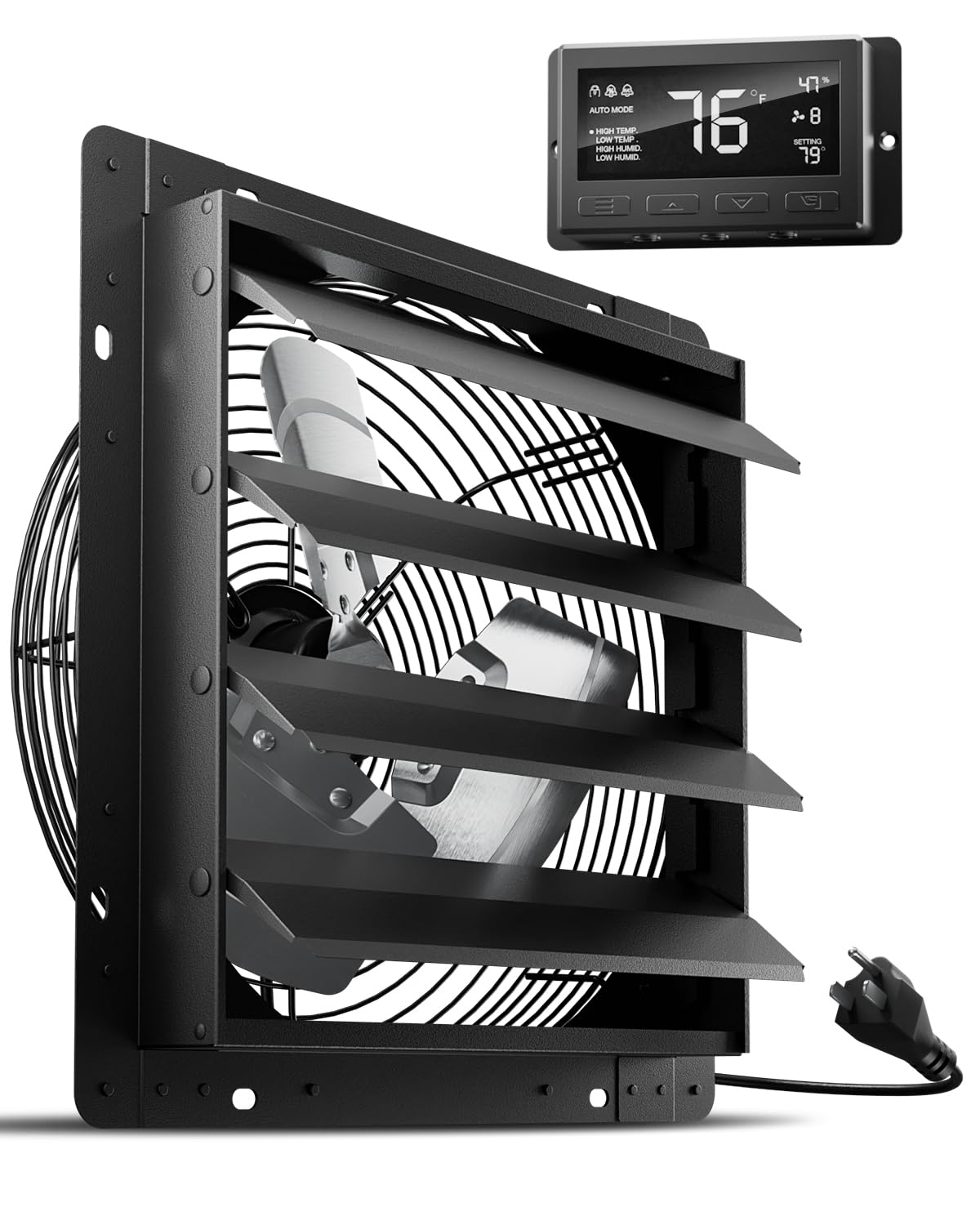 HG Power 14 Inch Attic Fan with Thermostat, Shutter Exhaust Fan with Smart Temperature Humidity Controller, Wall Mounted Greenhouse Fan with EC Motor for Garage, Shed Ventilation, Black