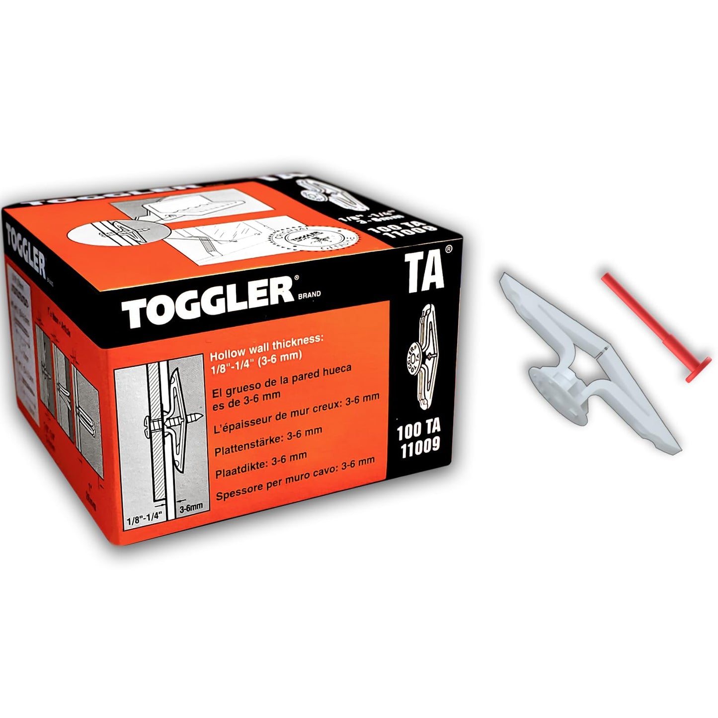 TOGGLER Toggle TA Hollow Door Anchors, Polypropylene Heavy Duty, Fits #8–#12 Screws, 1/8"–1/4" Grip Range, 124 lbs Grip in 1/4" Plywood, Made in USA (Pack of 100 Screws not Included)