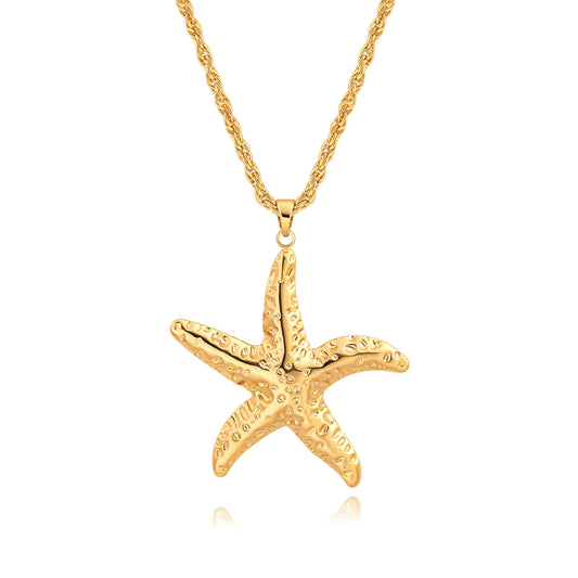PEARLADA Statement Gold Plated Starfish Cord Necklace, Boho Large Pendant Rope Necklace, Summer Beach Jewelry
