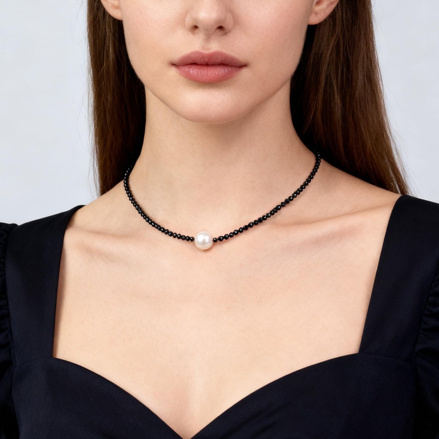 GEMTAL Pearl Necklaces for Women, Single Pearl Necklace Natural Gemstone Necklace Womens Black Stone Beaded Choker, Dainty Round Freshwater Pearl Drop Necklace Handmade Jewelry Gift Valentines Birthday Anniversary 18inch