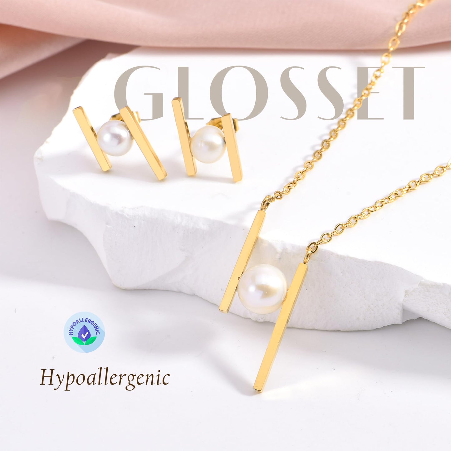 GLOSSET Gold Pearl Necklace and Earring Set, 18K Gold Plated Earrings and Necklace Set for Women, Dainty Freshwater Pearl Set Jewelry for Women Girls Gift (Gold - H Shape)