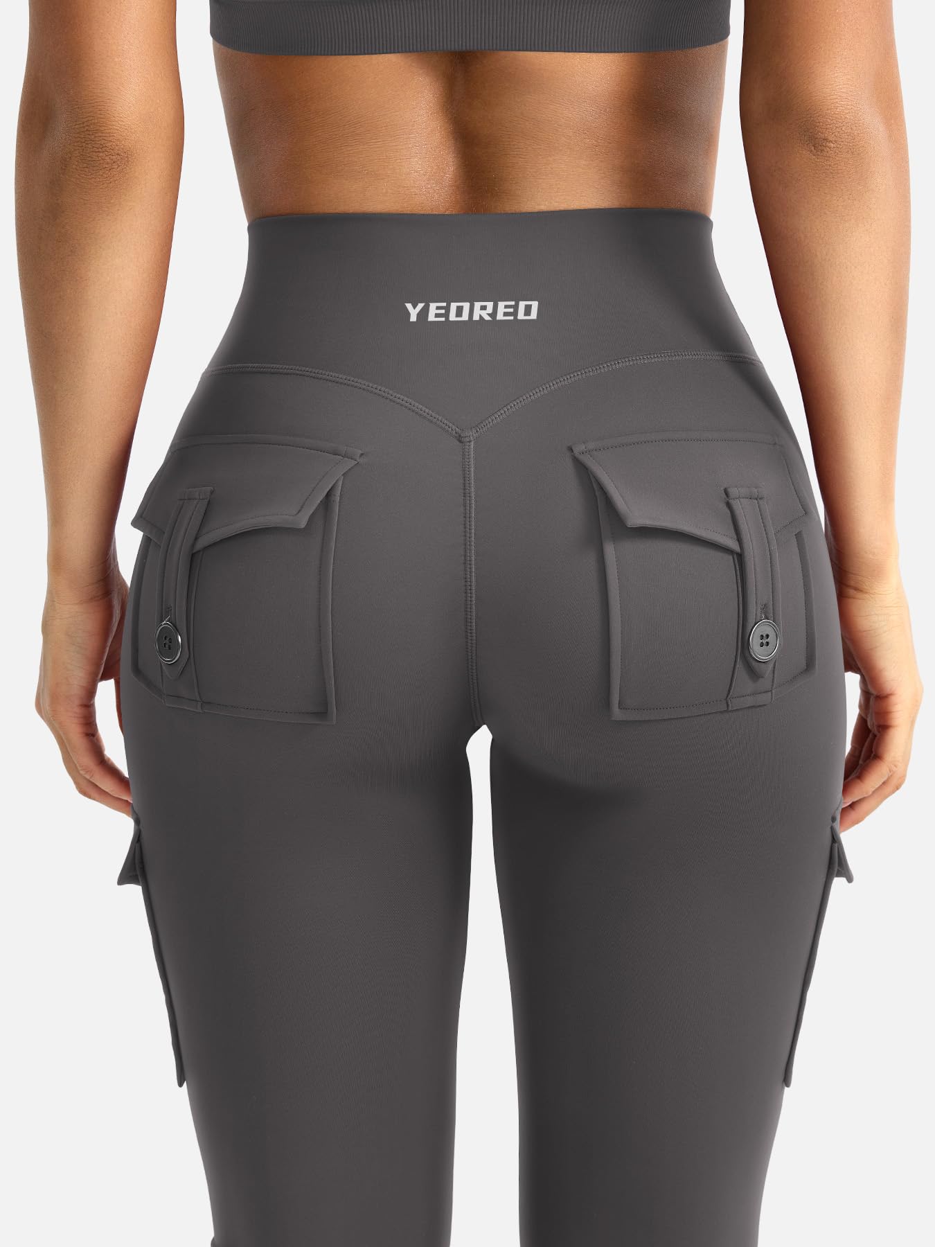 YEOREO CoreFlex Women Workout Flare Leggings with Pockets Hidden Scrunch Cargo Gym Yoga No Front Seam Leggings Dark Grey XL