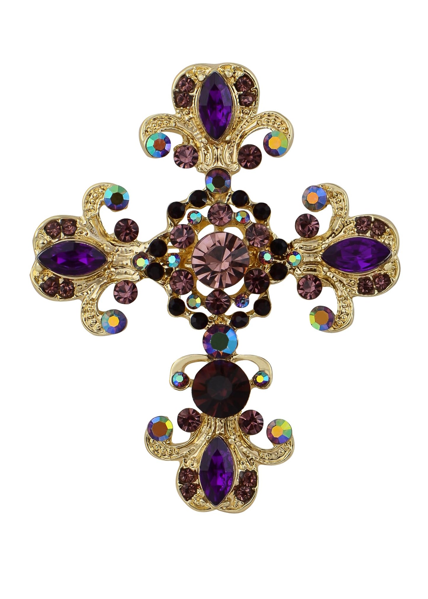 Alilang Women Gold Cross Antique Gorgeous Purple Rhinestones Faith Roman Catholic Victorian Saint Brooch, Purple/Gold