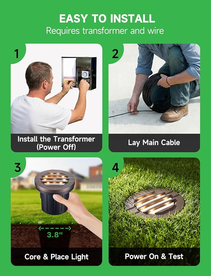 Landscape Well Light Kit, 8 Pack Low Voltage In Ground Lights and 100W Transformer and 100FT Cable and 30 Wire Connectors, IP67 Waterproof Outdoor, Grill Top Aluminum for Path Tree