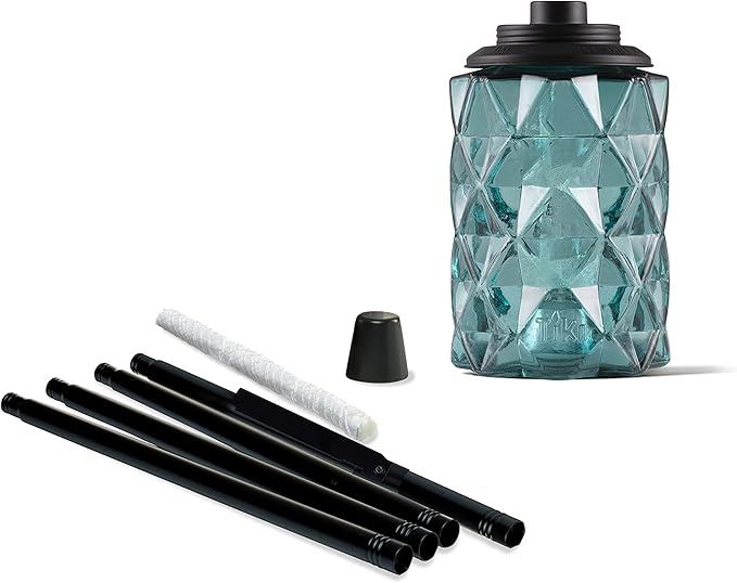 TIKI 2-Pack Topaz Blue Glass TIKI Torches – 65" Outdoor Decorative Torches for Patio, Backyard & Garden – Easy Install, Weather-Resistant with Long-Lasting Wick & Snuffer