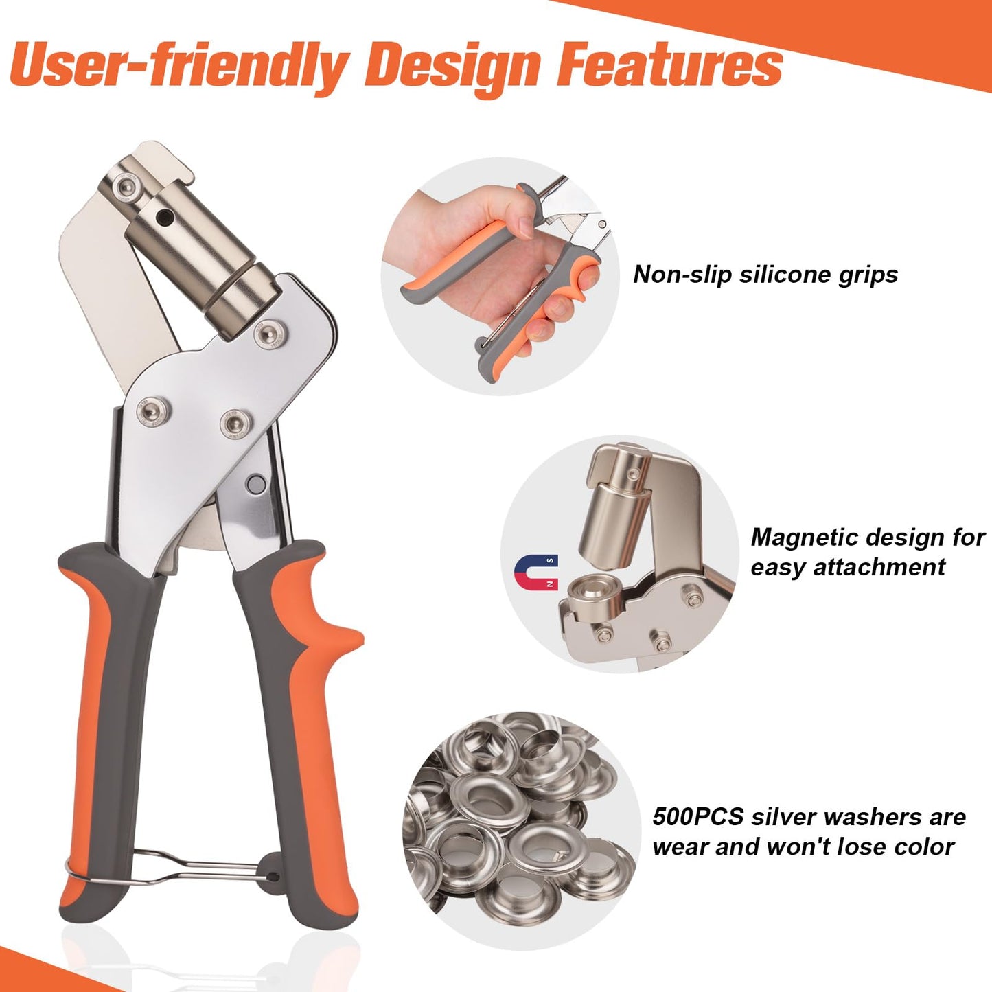 500Pcs 3/8Inch ID Grommet Tool Kit, Tarp Grommet Eyelet Tool Kit for Fabric with 10mm ID Grommets, Manual Grommet Press Fabric Hole Punch Tool for Tarp, Fabric, Banner and Canvas