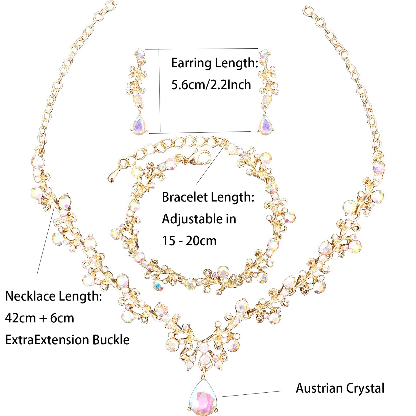 3Pcs Austrian Crystal Jewelry Set for Women, Necklace Dangle Earrings Link Bracelet Jewelry Set with Gold/Platinum/Gun Plated, Wedding Party Jewelry for Bridal Bridesmaid (AB Crystal-Gold Plated)