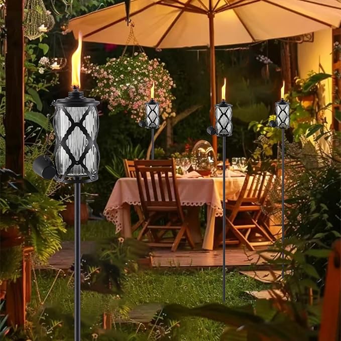 4 Pack Glass Citronella Torches, 16 oz Garden Torches for Outside, 55 inch Outdoor Clear Glass Citronella Torches with 3-Prong Grounded Stake for Garden, Patio, Party, Landscape Decor