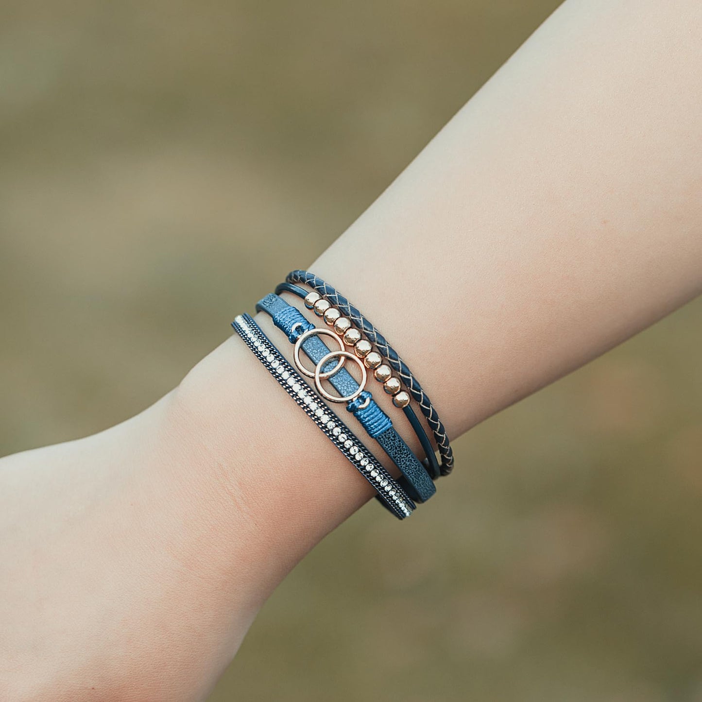 FANCY SHINY Boho Leather Wrap Bracelet Stackable Beaded Infinity Chunky Cuff Bracelets with Magnetic Clasp Western Hippie Outfits Jewelry Gifts for Women(Navy Blue)