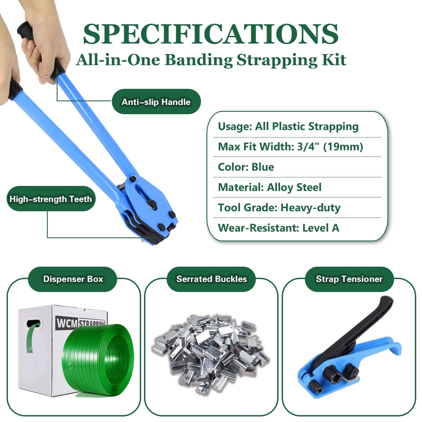 WCM Strapping Banding Strapping Kit, Pallet Strapping Kit, Packaging Banding Tool with 5/8" Width, 1000' Length Polyester Strapping Coil Roll and Dispenser Box – Heavy Duty Certified 1200 lbs Break