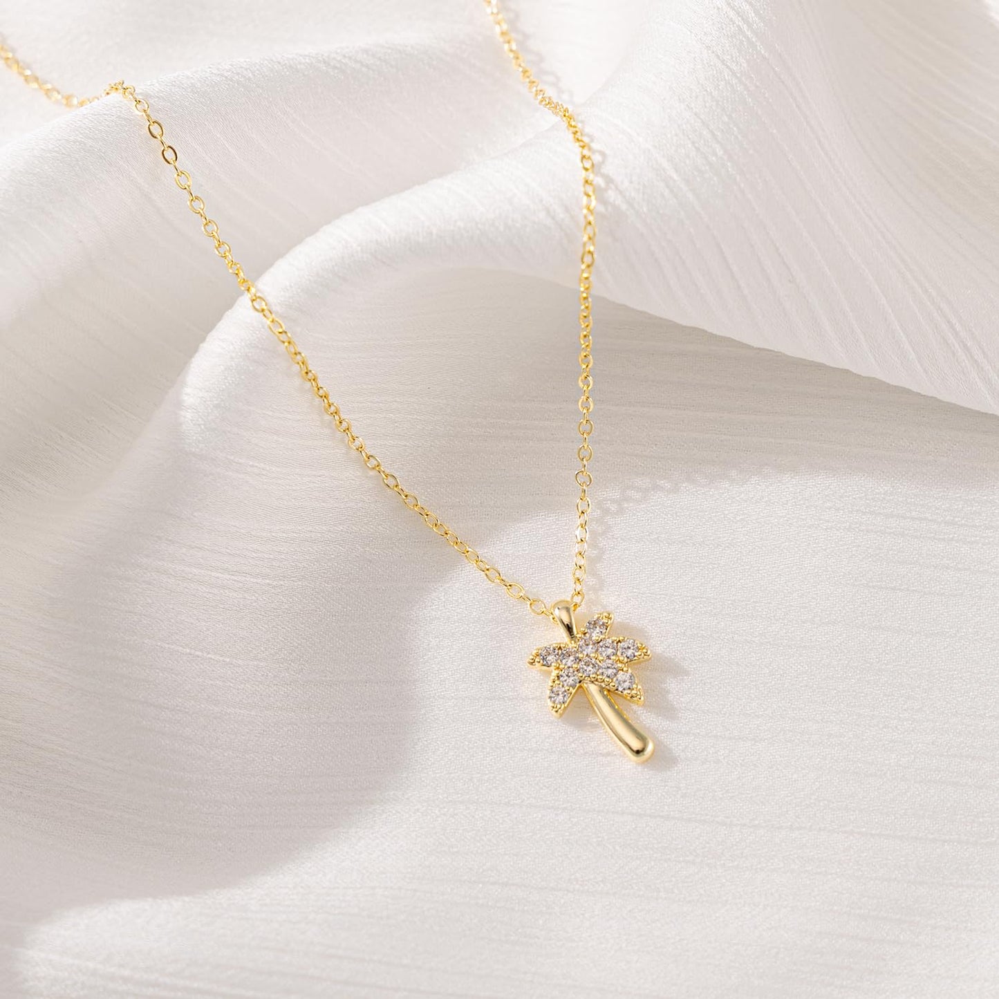 BSGRL Gold Necklace: 14K Gold Plated Dainty Palm Tree Sumer Beach Necklace for Women Paved Cubic Zirconia 16.5”+2” ext