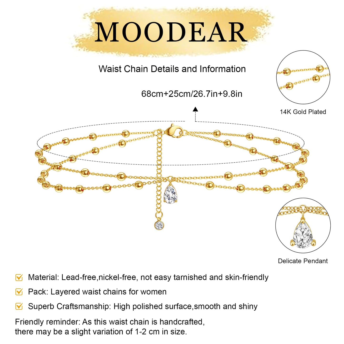 MOODEAR 14K Gold Plated Waist Chain for Women – Double Layered Belly Bead Body Chain Belt with CZ Charm, Waterproof Summer Beach Jewelry for Bikini, Dress & Vacation