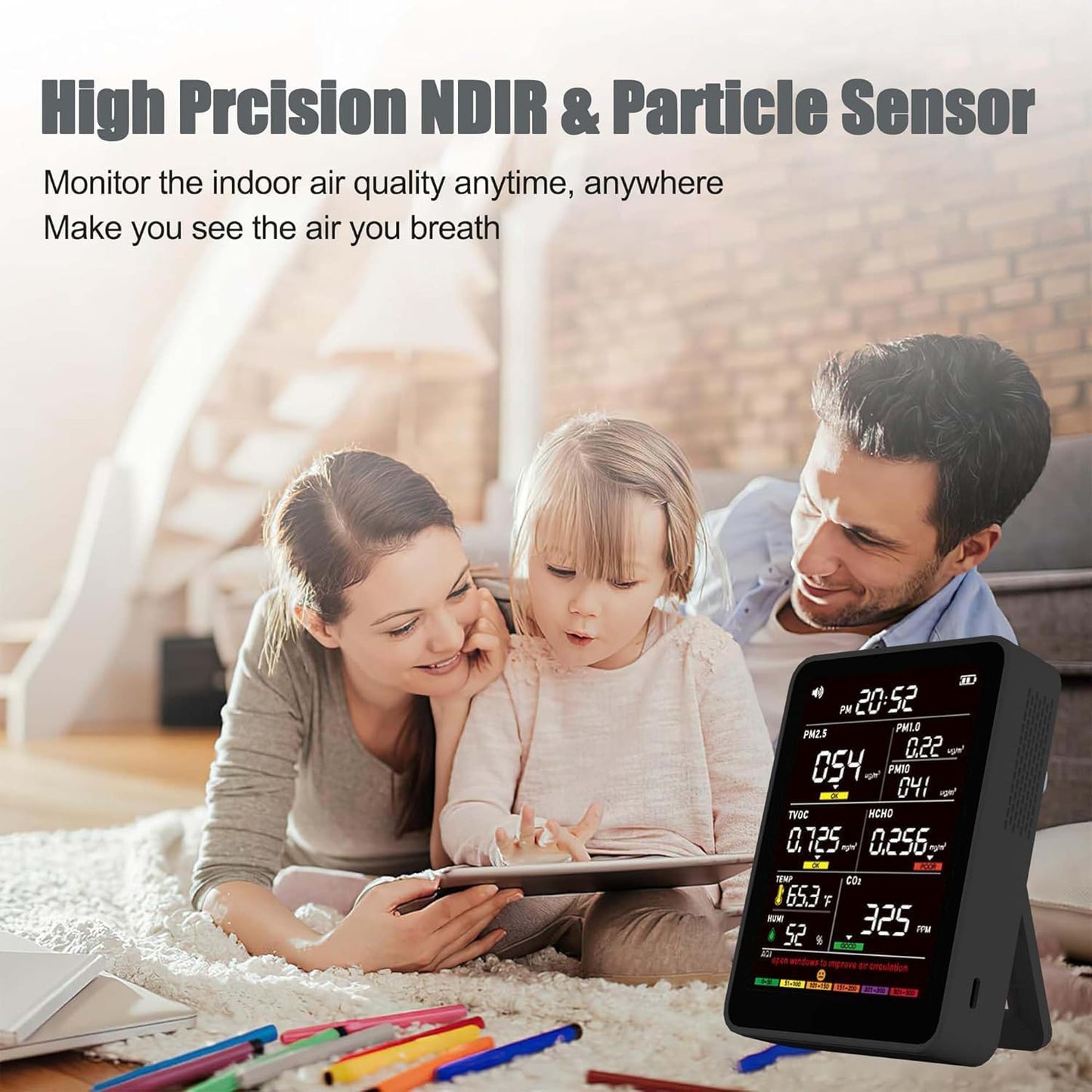 Professional Indoor Air Quality Monitor with AQI Alerts, Portable Real-Time Detector for Home, Car, Plants & Pet