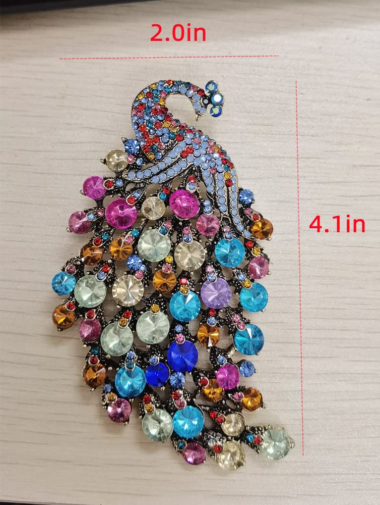 Rhinestone Peacock Brooch Pin for Women Girls Fashion Exquisite Exaggerated Big Crystal Bird Animal Brooches Lapel Pins Elegant Dress Accessories Wedding Christmas Birthday Jewelry Gift (Colorful CZ)