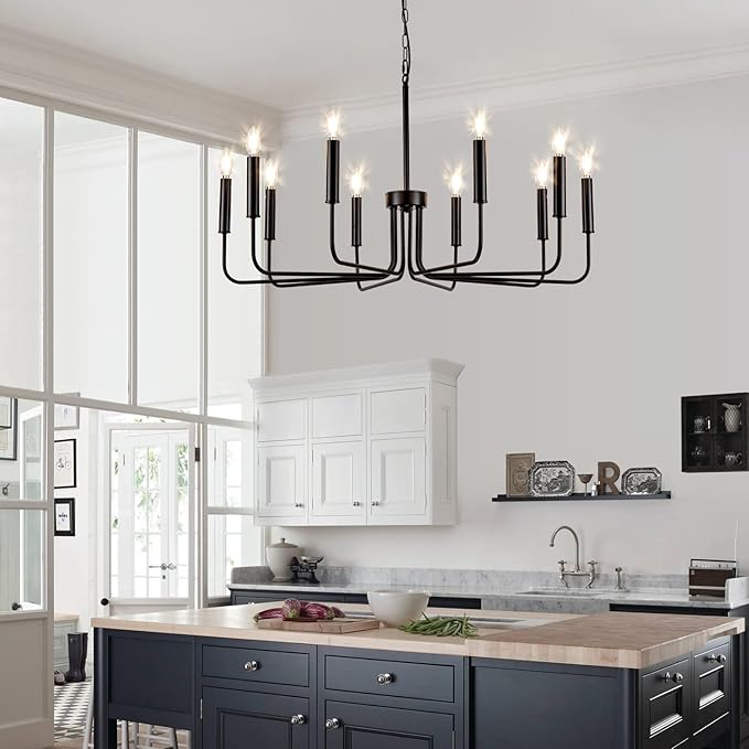 Farmhouse Candle Chandelier, 10 Light Rustic Black Ceiling Pendant Light Fixture, L-Arm Design Industrial Dining Room Hanging Lighting for Living Room, Entryway, Foyer, Kitchen Island