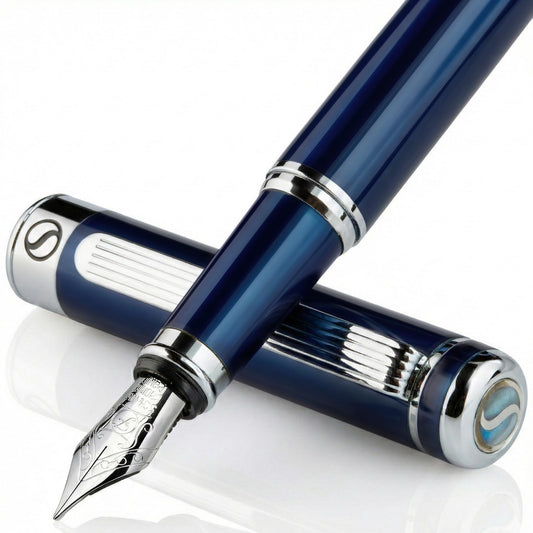 Scriveiner Midnight Blue Fountain Pen - Stunning Luxury Pen with Chrome Appointments, Schmidt Nib (Fine), Best Pen Gift Set for Men & Women, Professional, Executive, Office, Nice Pens