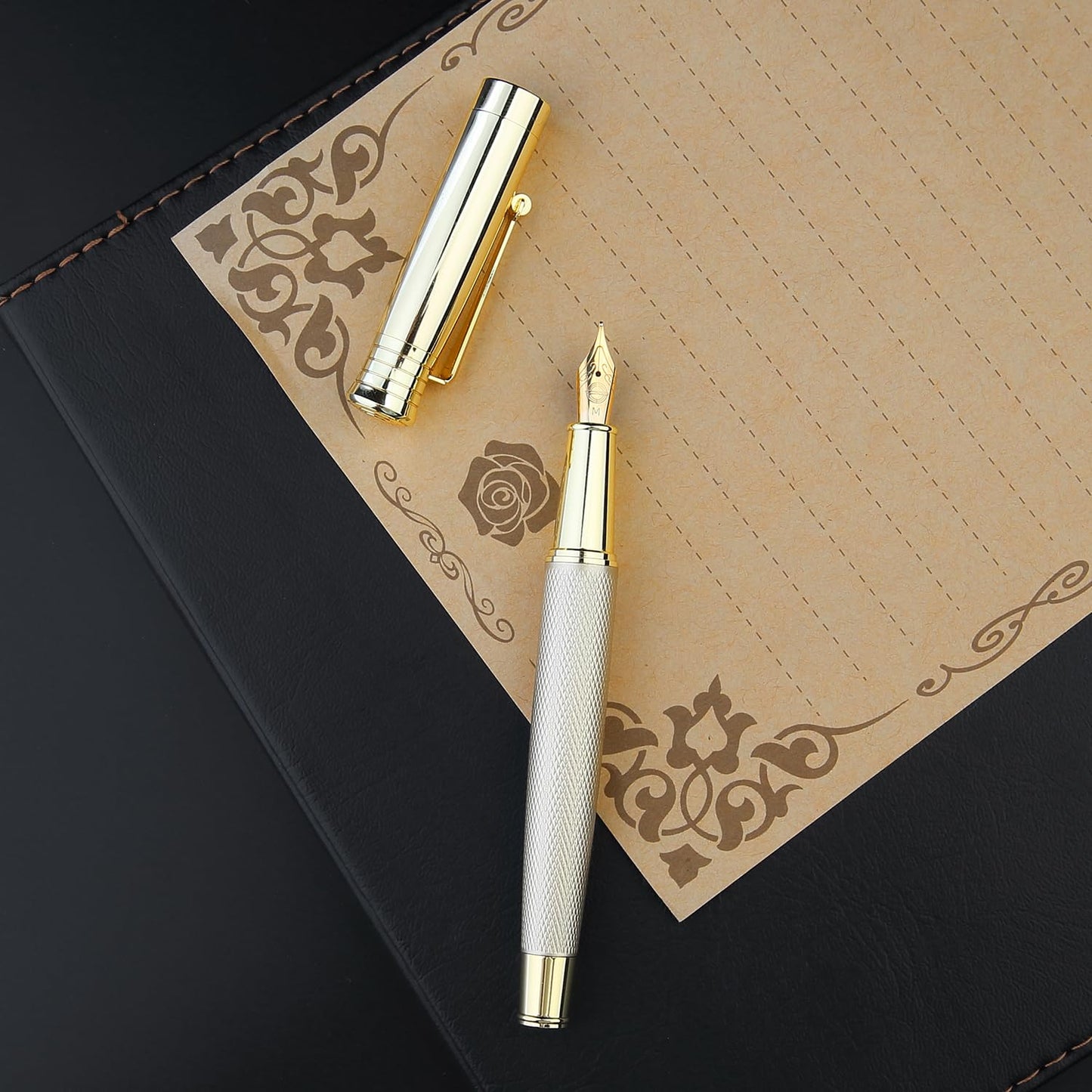 GC QUILL Fancy Fountain Pen Set – Fine and Medium Nibs, 18 Ink Cartridges, Ink Converter, Syringe Filler, Luxury Pen Gift for Men Women, Nice Pen for Writing Journaling (Gold)