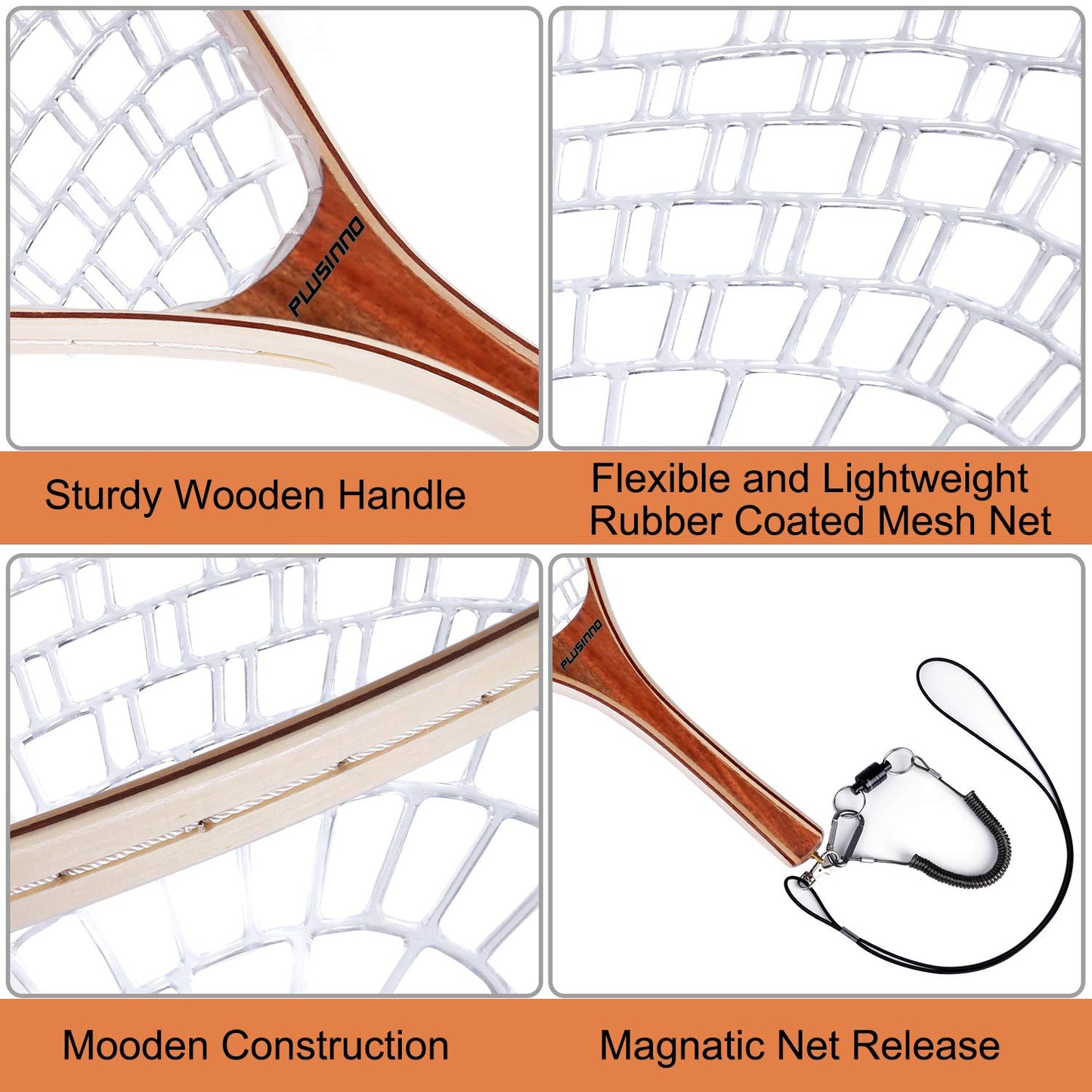 PLUSINNO Fly Fishing Net with Wooden Frame and Magnetic Release, Soft Rubber Mesh for Trout and Bass Catch and Release