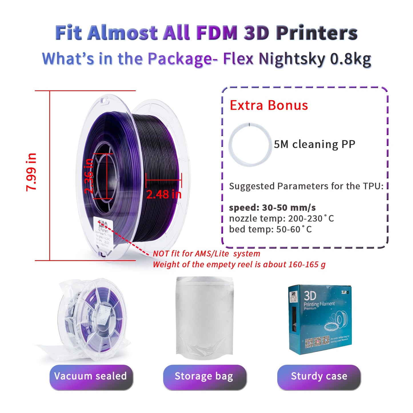 ZIRO TPU Filament 1.75mm, Shore 95A Hardness TPU, Flexible Fast Color Change Filament, Compatible with Most FDM Printers, Colorful and Soft 3D Printing Material, 0.8KG/ 1.76lbs Spool, Flex Nightsky