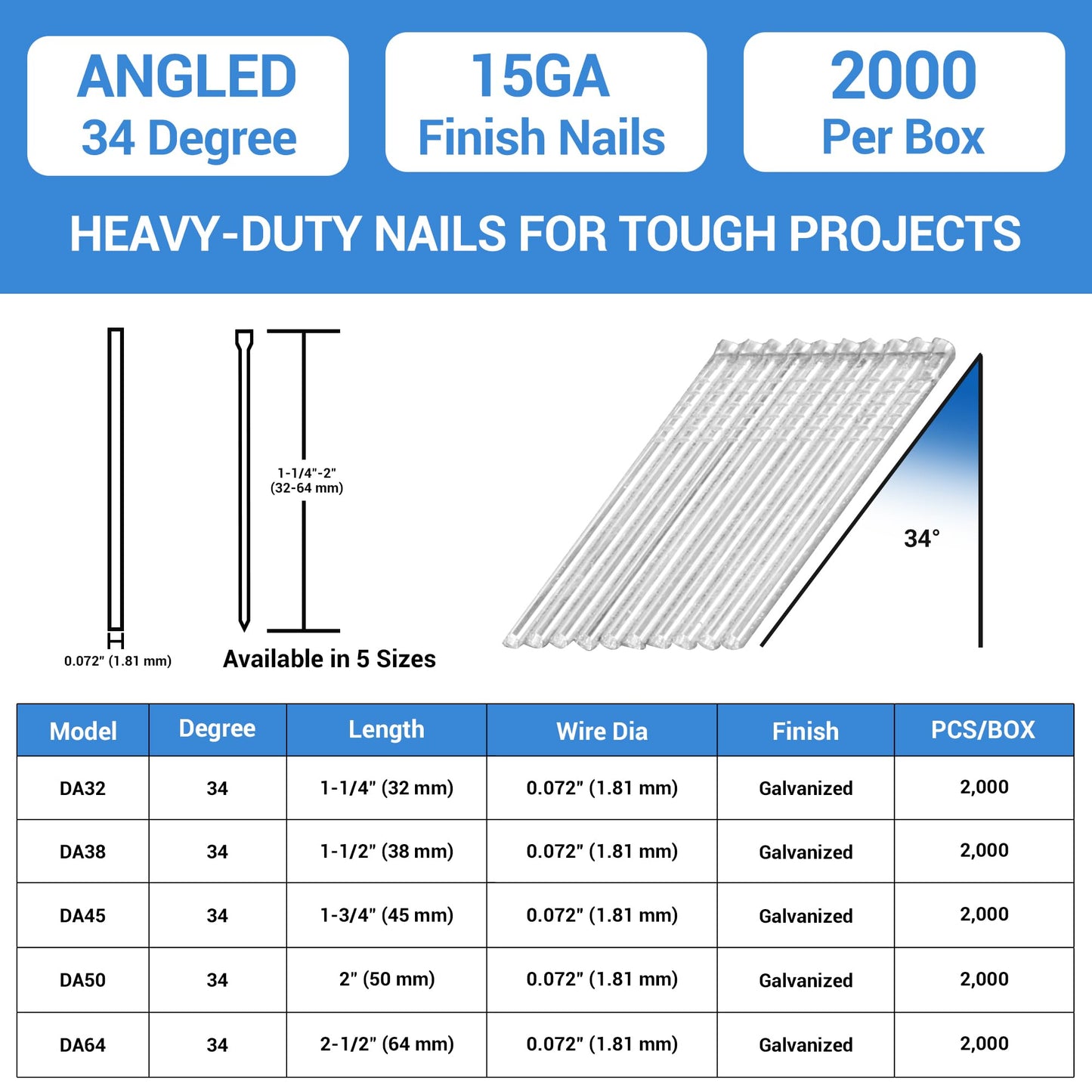 meite 15 Gauge Angled Finish Nails, 1-1/4-Inch 34 Degree Galvanized Finishing Nails for Nailer Guns - Perfect for Window Trim, Cabinet Building and Other DIY Projects (2,000 Counts)