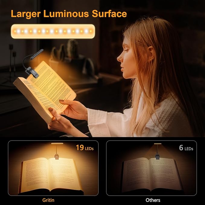 Gritin 19 LED Rechargeable Book Light for Reading in Bed with Memory Function- Eye Caring 3 Color Temperatures,Stepless Dimming Brightness,90 Hrs Runtime Lightweight Clip on Light for Book Lovers
