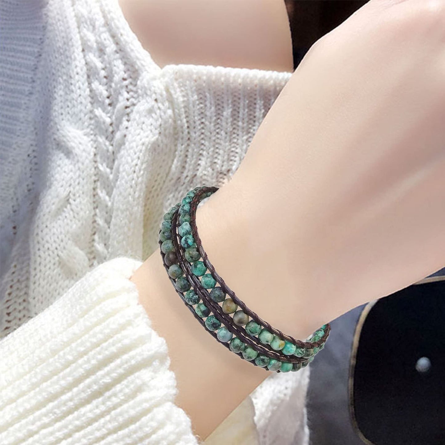 Ayriwoyi Africa Turquoise Wrap Bracelet for Women Beaded Wrap Bracelet For Women Green Stone Adjustable Bohemian Bracelets for Women