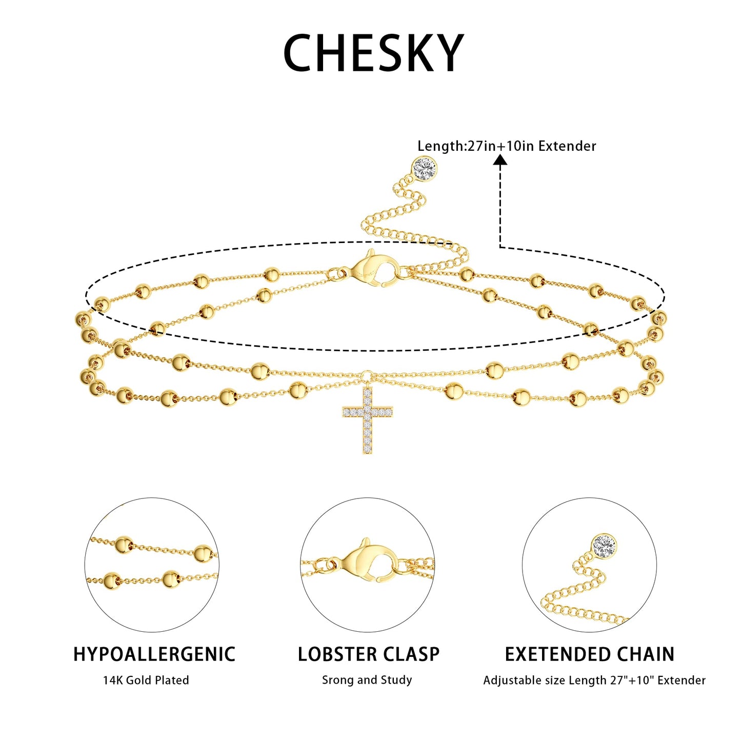CHESKY Gold Waist Beads, Dainty 14k Gold Plated Waist Chain Non Tarnish Body Chain Jewelry for Women Hypoallergenic Belly Chain Cross Pendant Gold Belly Button Ring Jewelry for Women Gifts
