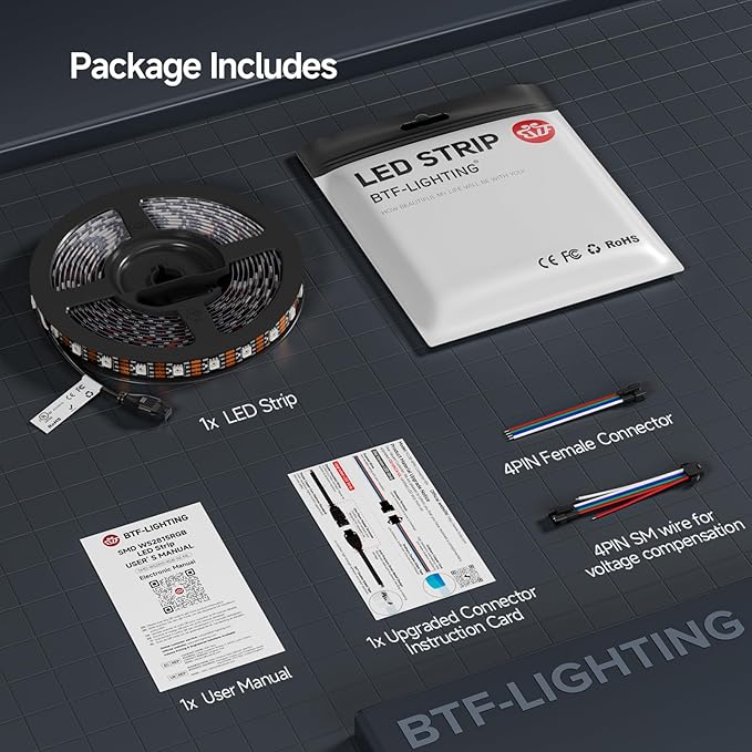 BTF-LIGHTING WS2815 (Upgraded WS2812B) LED Strip Light,UL Listed,16.4FT 300 LED/Pixels,Flexible Chasing RGB,Dual Signal Individually Addressable,5050SMD,3M Tape,DC12V IP65(No Adapter or Controller)